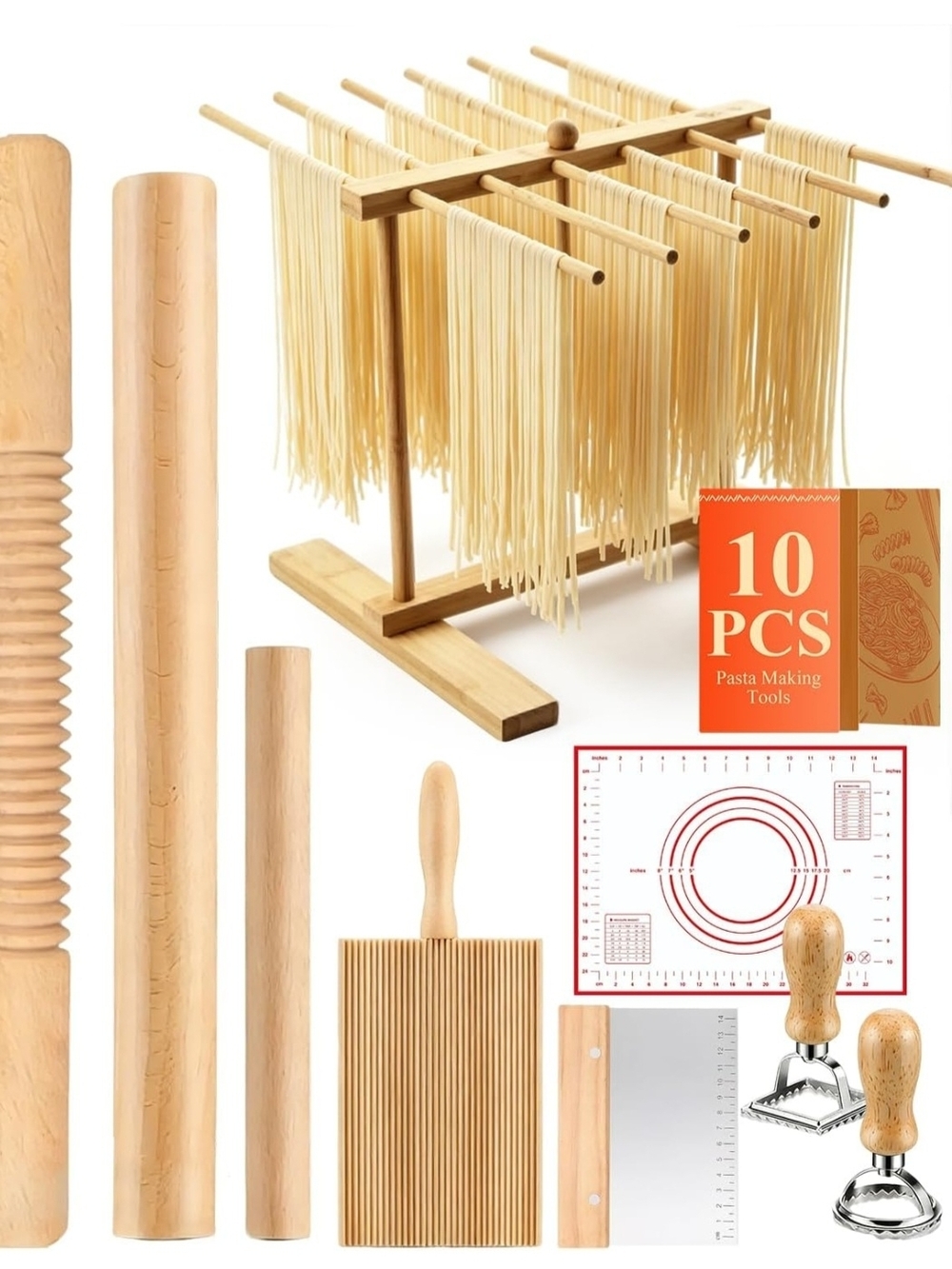 10-Piece Wooden Pasta-Making Tool Set - Natural